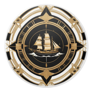Art Deco Antique Ship Black White Gold Nautical Ceramic Knob