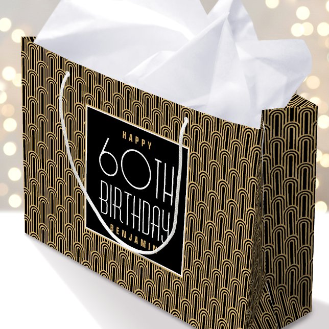 Art Deco Any Age Birthday Name Black Gold Elegant Large Gift Bag (Creator Uploaded)