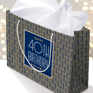 Art Deco Any Age Birthday Name Navy Gold Elegant Large Gift Bag