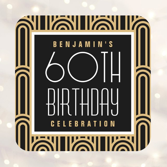 Art Deco Any Age Birthday Party Name Black Gold Square Sticker (Creator Uploaded)