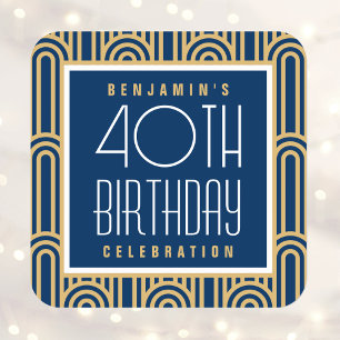 Art Deco Any Age Birthday Party Name Navy Gold Square Sticker