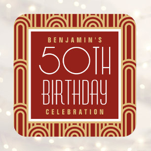 Art Deco Any Age Birthday Party Name Red Gold Square Sticker