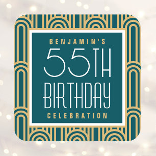 Art Deco Any Age Birthday Party Name Teal Gold Square Sticker
