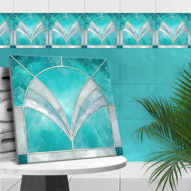Art Deco Aquamarine & Pearl Ceramic Tile (Creator Uploaded)