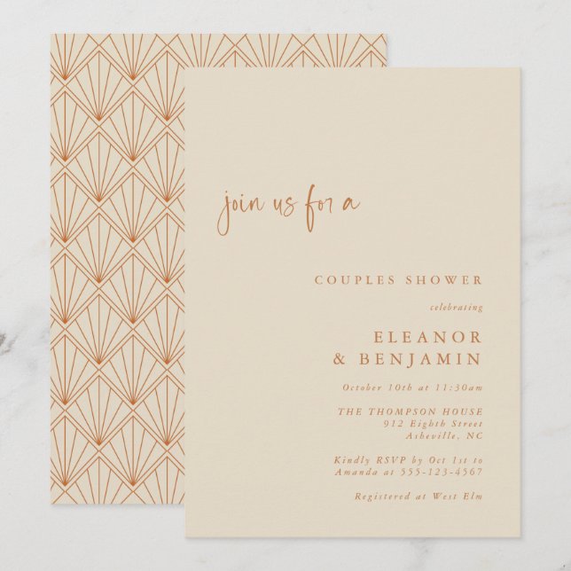 Art Deco Art Burnt Orange Elegant Couples Shower Invitation (Front/Back)