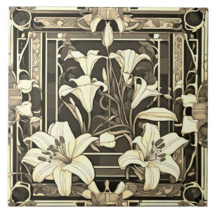Art Deco Art Nouveau Cream Lily Flower Gray Floral Ceramic Tile