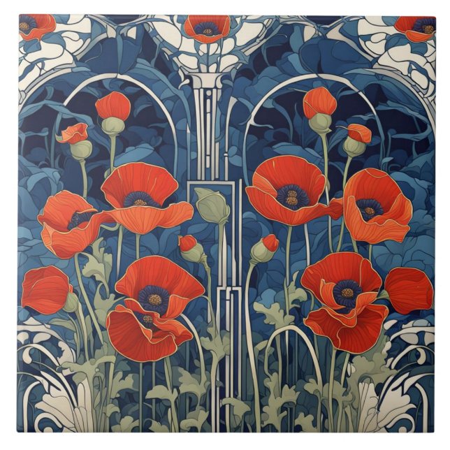 Art Deco Art Nouveau Red Poppy Flowers Blue Ceramic Tile (Front)