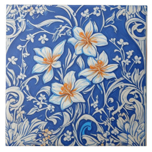 Art Deco Art Nouveau White Lily Flowers on Blue Ceramic Tile