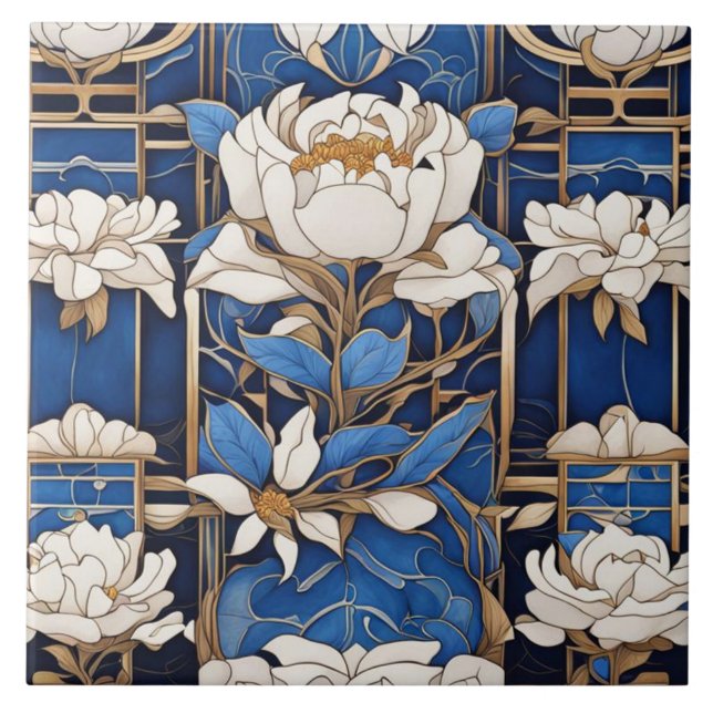 Art Deco Art Nouveau White Peony Flower Blue Ceramic Tile (Front)