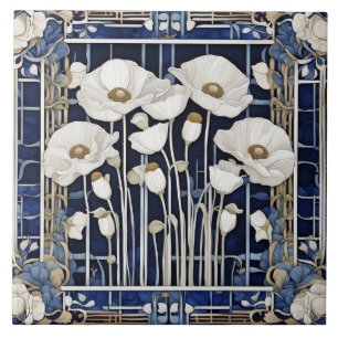 Art Deco Art Nouveau White Poppy Flowers Blue Ceramic Tile
