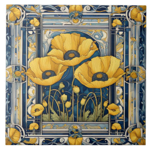 Art Deco Art Nouveau Yellow Poppy Flowers Blue Ceramic Tile