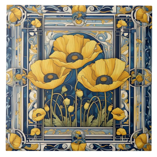 Art Deco Art Nouveau Yellow Poppy Flowers Blue Ceramic Tile (Front)