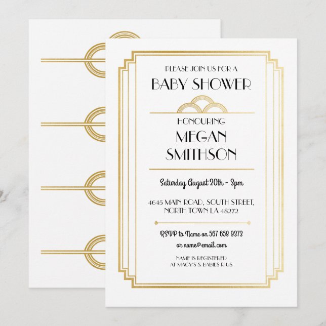Art Deco Baby Shower 1920's Gatsby Gold Invite (Front/Back)