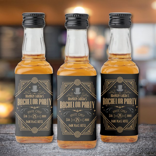 Art Deco Bachelor Party Speakeasy Favour Liquor Bottle Label (bachelor party liquor bottle  Art Deco speakeasy 1920s theme gold and black groomsmen best man gift)