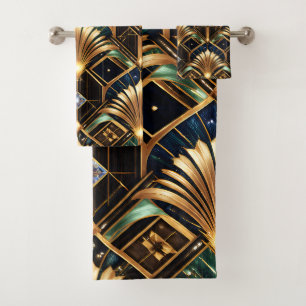 Art deco bath towels, luxury gold emerald black de towel set