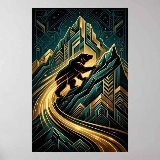 Art Deco Bear Mountain Climb Golden Path Poster (Front)