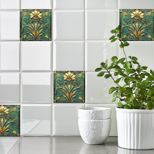 Art Deco Beautiful Lily Turquoise Green Gold Ceramic Tile