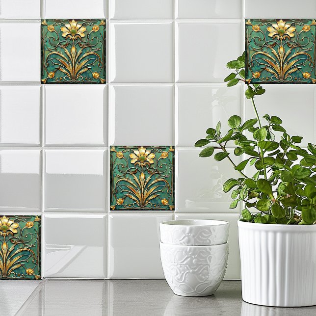  Art Deco Beautiful Lily Turquoise Green Gold Ceramic Tile (Creator Uploaded)