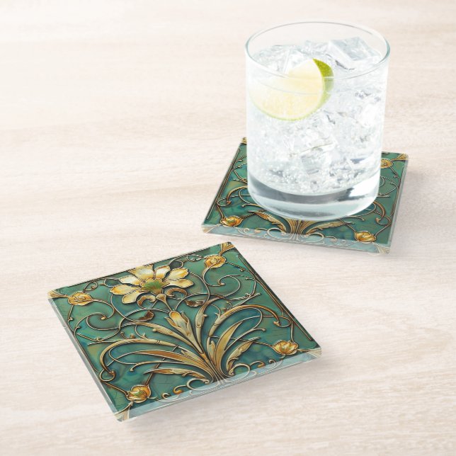 Art Deco Beautiful Lily Turquoise Green Gold Glass Coaster (Angled)