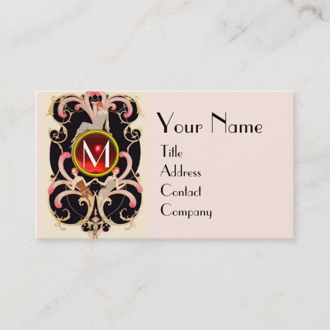 ART DECO BEAUTY FASHION RED RUBY GEMSTONE MONOGRAM BUSINESS CARD (Front)