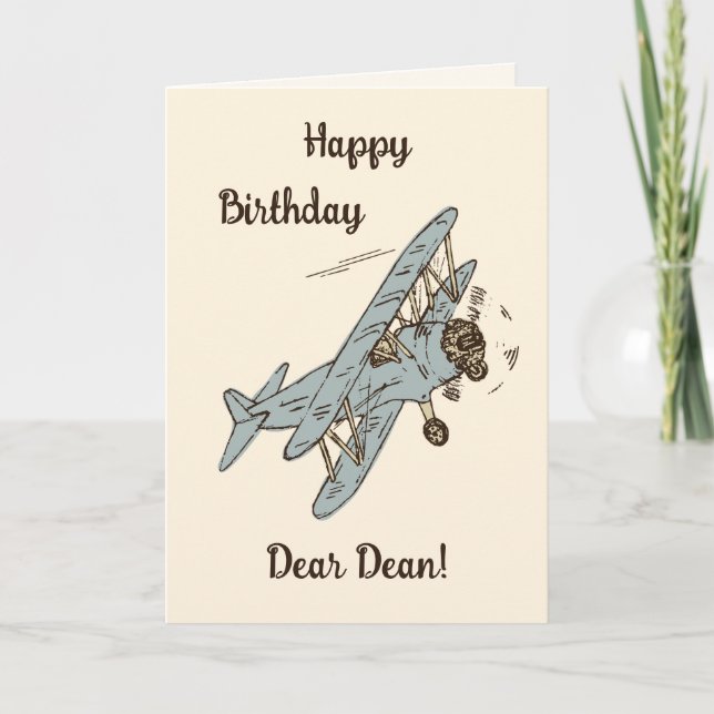 Art Deco Bi-planes - blue Happy Birthday + name. Card (Front)