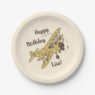 Art Deco Bi-planes - yellow Happy Birthday + name. Paper Plate