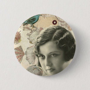 Art deco bird scripts seashells great gatsby girl 6 cm round badge