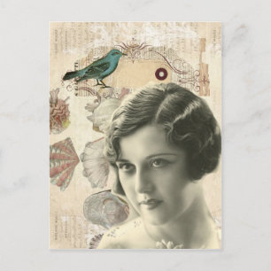 Art deco bird scripts seashells great gatsby girl postcard