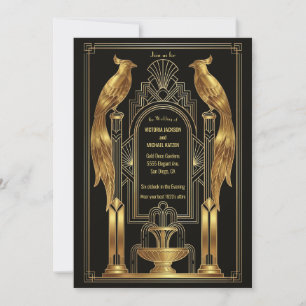 Art Deco Bird Wedding Invitation Gold Black