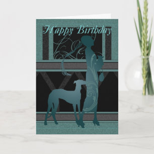 Art Deco Birthday Card With Female And Dog