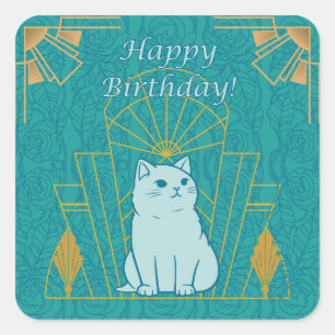Art Deco Birthday Cat Square Sticker