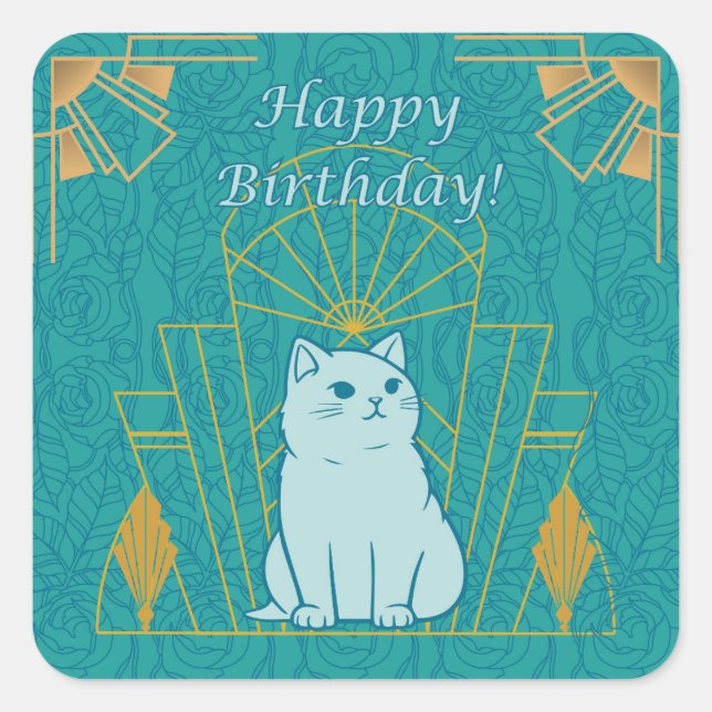  Art Deco Birthday Cat Square Sticker (Front)
