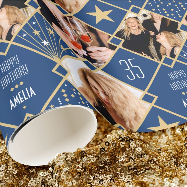 Art Deco Birthday Custom Age Photos Blue Gold Wrapping Paper (Creator Uploaded)