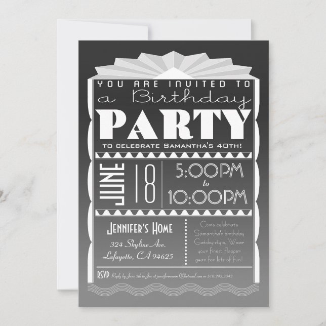 Art Deco Birthday Invitation - Gatsby Style Grey (Front)