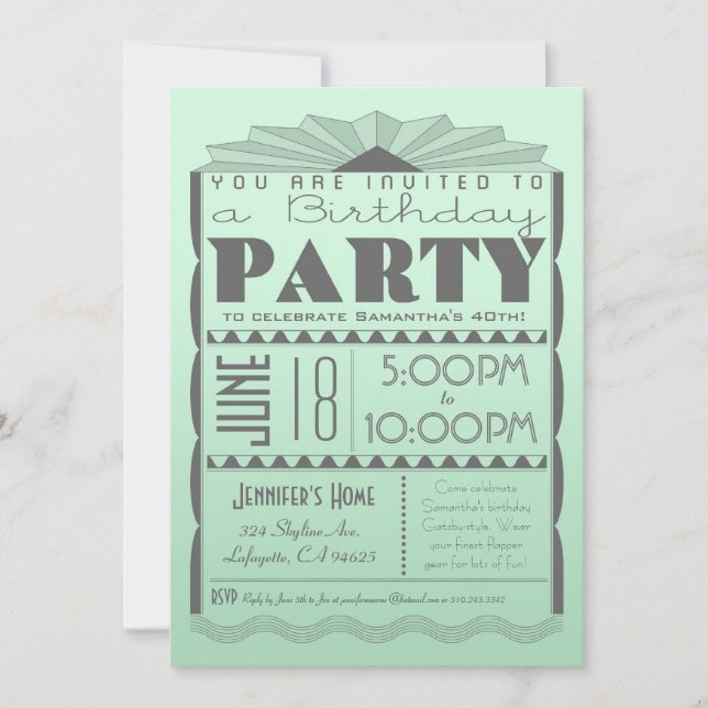Art Deco Birthday Invitation - Gatsby Style Mint (Front)