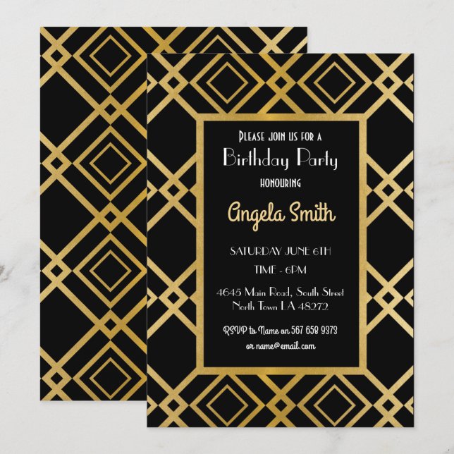 Art Deco Birthday Party Invite Gold Black 1920s 40 (Front/Back)