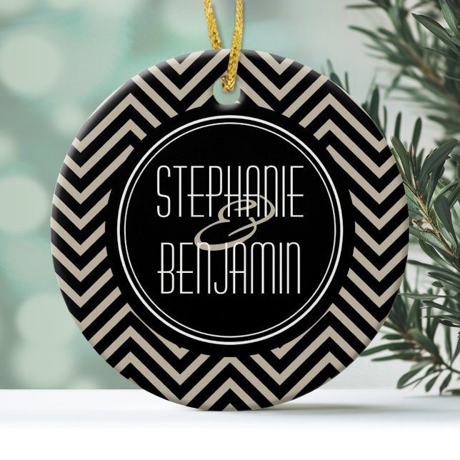 Art Deco Black and Beige Chevron Pattern Ceramic Ornament (Personalized Wedding Ornament - Black and Tan Art Deco)