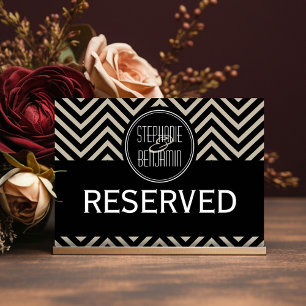 Art Deco Black and Beige Chevron Pattern Table Number
