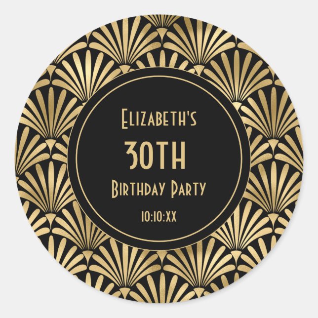 Art Deco Black and Gold 30th Birthday Party    Classic Round Sticker (Front)