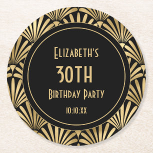 Art Deco Black and Gold 30th Birthday Party Round Paper Coaster
