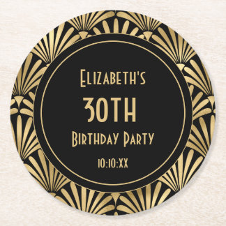 Art Deco Black and Gold 30th Birthday Party    Round Paper Coaster