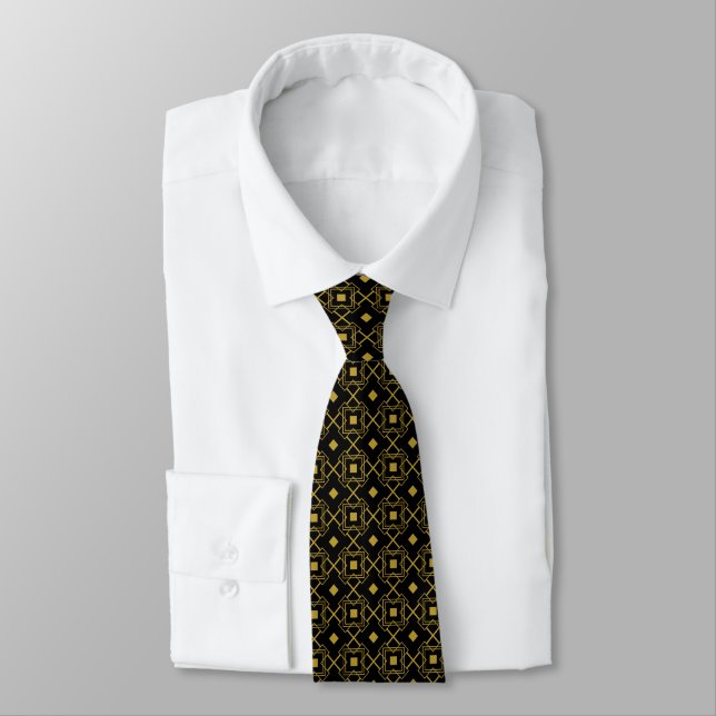 Art Deco Black and Gold Abstract Geometric Pattern Tie (Tied)