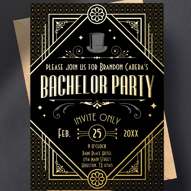 Art Deco Black and Gold Bachelor Party  (bachelor party invitation Art Deco speakeasy 1920s theme gold and black groomsmen best man)