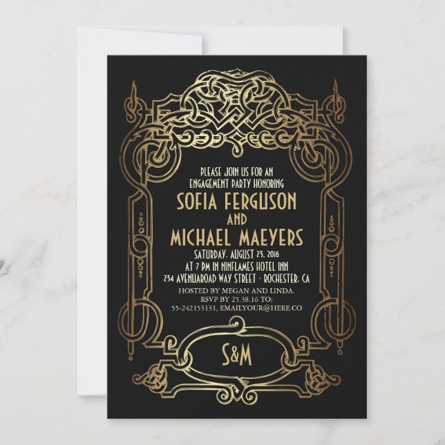 Art Deco Black and Gold Engagement Party Invitation (Front)