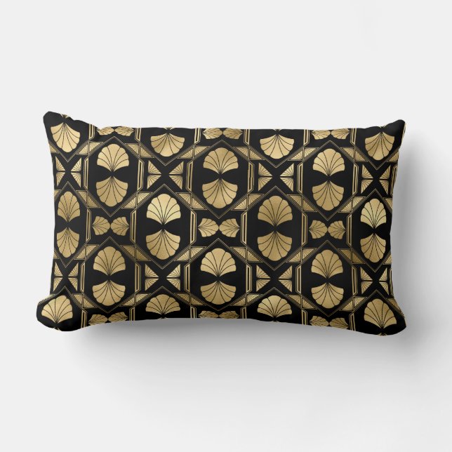 Art Deco Black and Gold Fan Lumbar Pillow (Front)