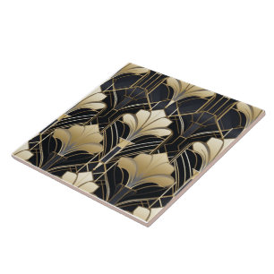 Art Deco Black and Gold Floral Ceramic Tile