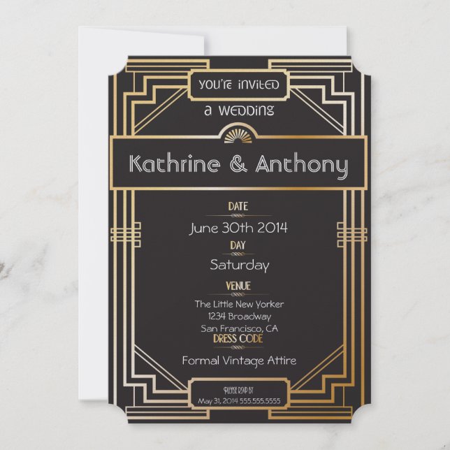 Art Deco Black and Gold Gatsby Wedding Invitation (Front)