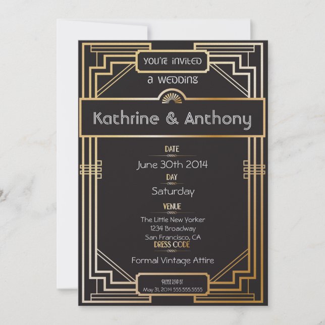 Art Deco Black and Gold Gatsby Wedding Invitation (Front)