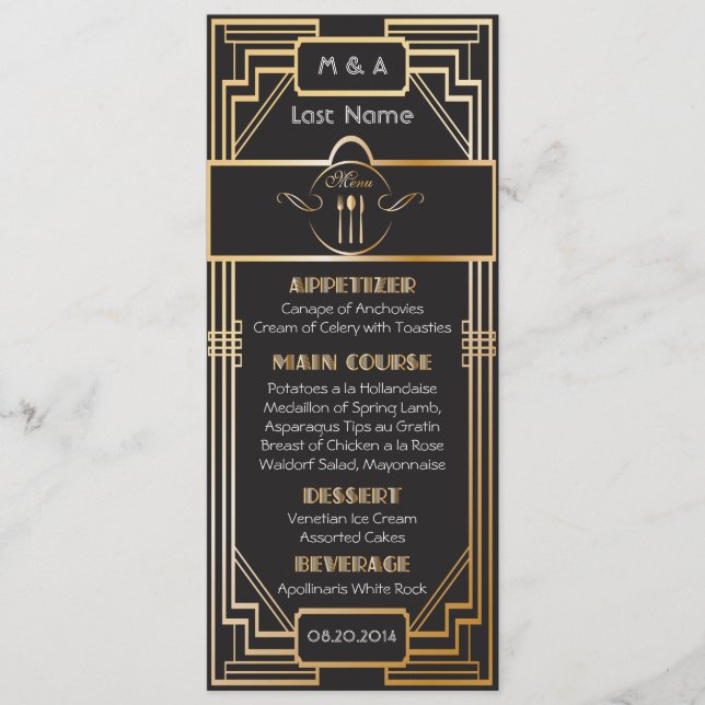 Art Deco Black and Gold Gatsby Wedding Menu (Front)