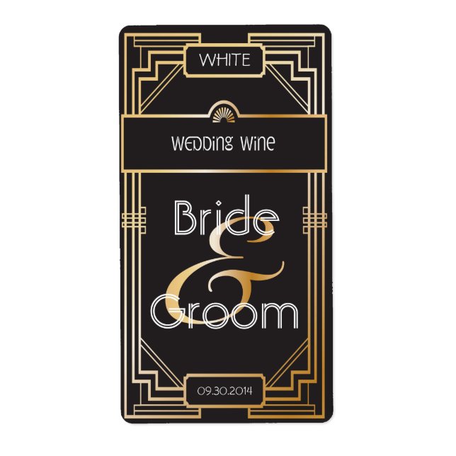 Art Deco Black and Gold Gatsby Wedding Wine Label (Front)